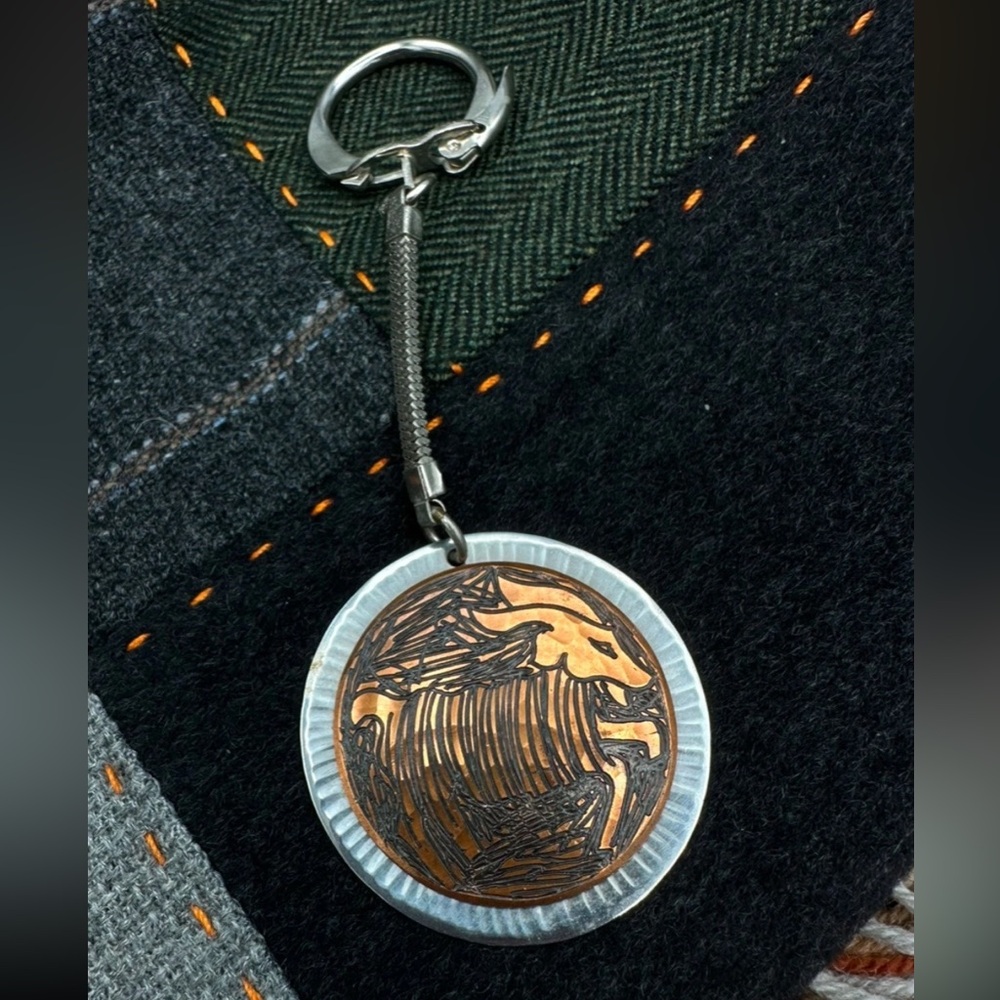 VTG Signed MODA Handmade In Malta Keychain 60s/70s Artisan Etched Copper